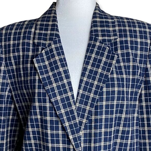 Sag Harbor Checked Plaid Linen-Blend Blue Blazer Jacket Women's Petite Size 8 - Picture 3 of 7